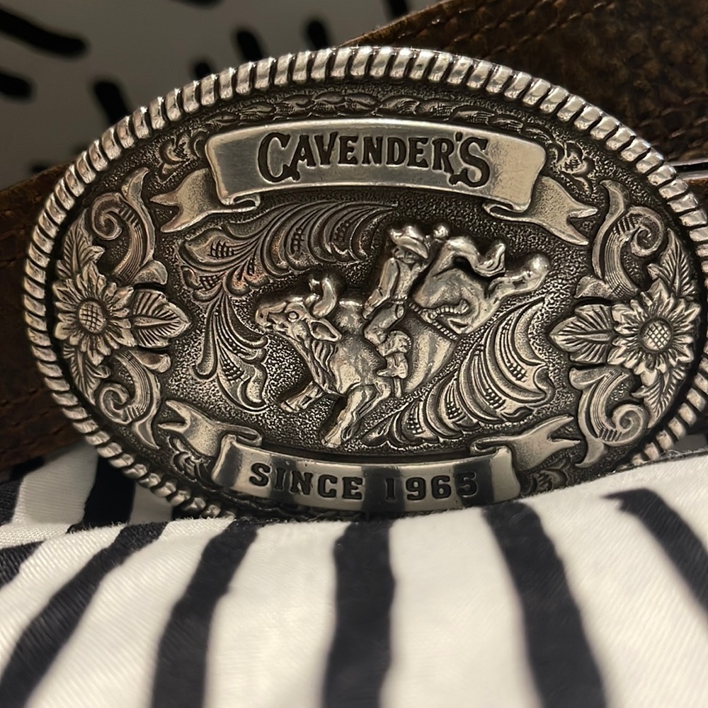 Cavender's Kids' Brown with Oval Bullrider Logo Buckle Western Belt